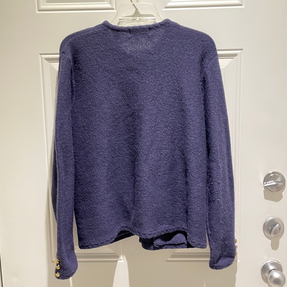 Karen Scott Navy Blue 100% Wool Long Sleeve Cardigan Sweater Large Gold Buttons - Picture 9 of 12